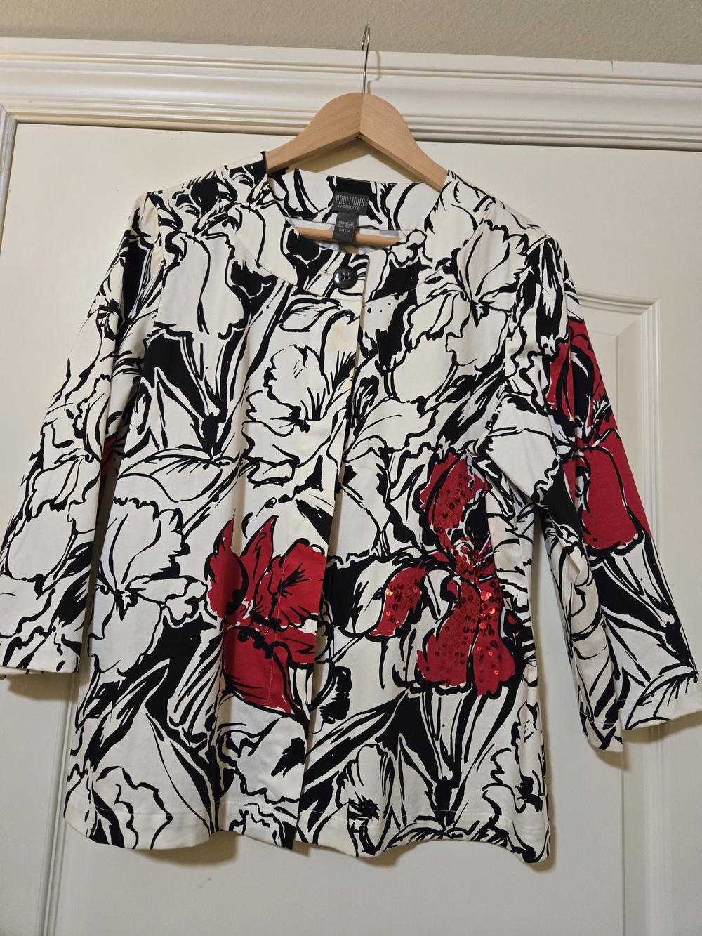 Chico's Black & White Floral Jacket with Red Floral Accents And Sequence